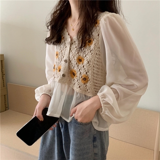 Áo Dệt Kim Nữ Tay Dài Phối Ren Phong Cách Hàn Quốc baju baju wanita Lenan panjang