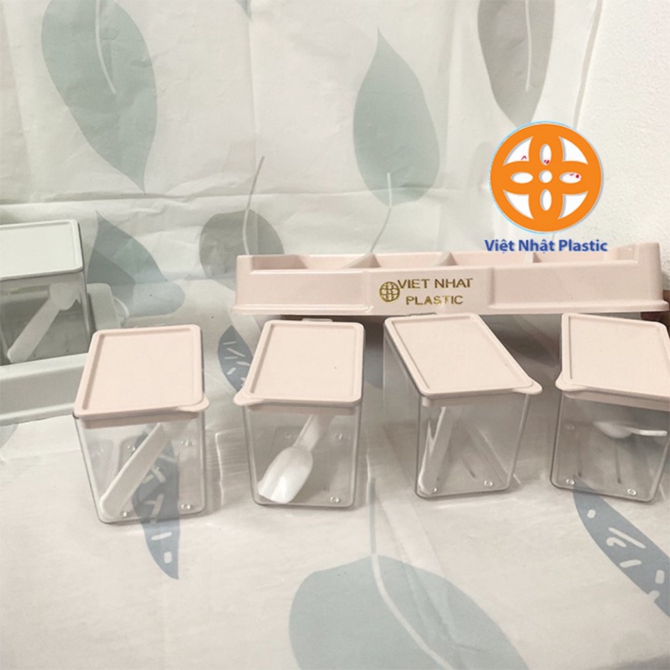 set 4 hũ đựng gia vị nhựa cao cấp, hũ gia vị nhựa có nắp kèm muỗng 2939
