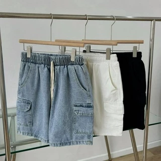Quần Short Jean Túi Hộp Unisex Nam Nữ Lưng Chun Co Giãn