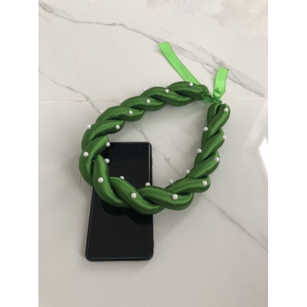 Mấn xoắn đôi đính hạt ngọctrai vải phi bóng, mấn đội đầu áo dài, phụ kiện thời trang, phụ kiện cưới