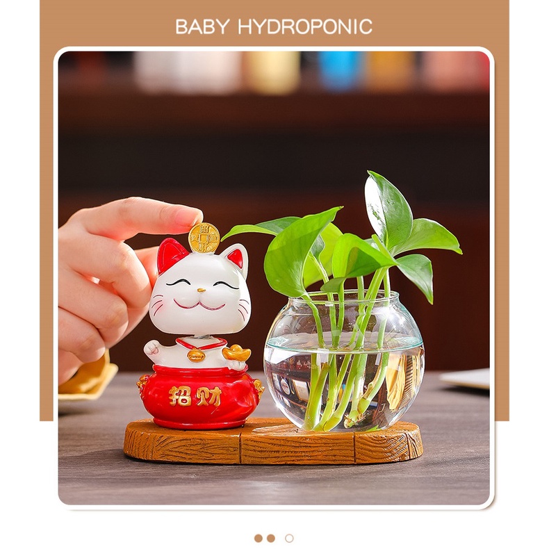 Bộ decor Mèo thần tài may mắn kết hợp cùng bình thủy sinh trang trí nhà, bàn làm việc góc học tập giúp mang lại may mắn