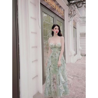 [CH13] Đầm Voan Hoa 2 Dây Đuôi Bèo Xòe Chíp Eo Nơ Lưng - Vải Voan - 2 Màu Xanh, Nude - Dành Cho Nàng Đi Chơi, Dự Tiệc