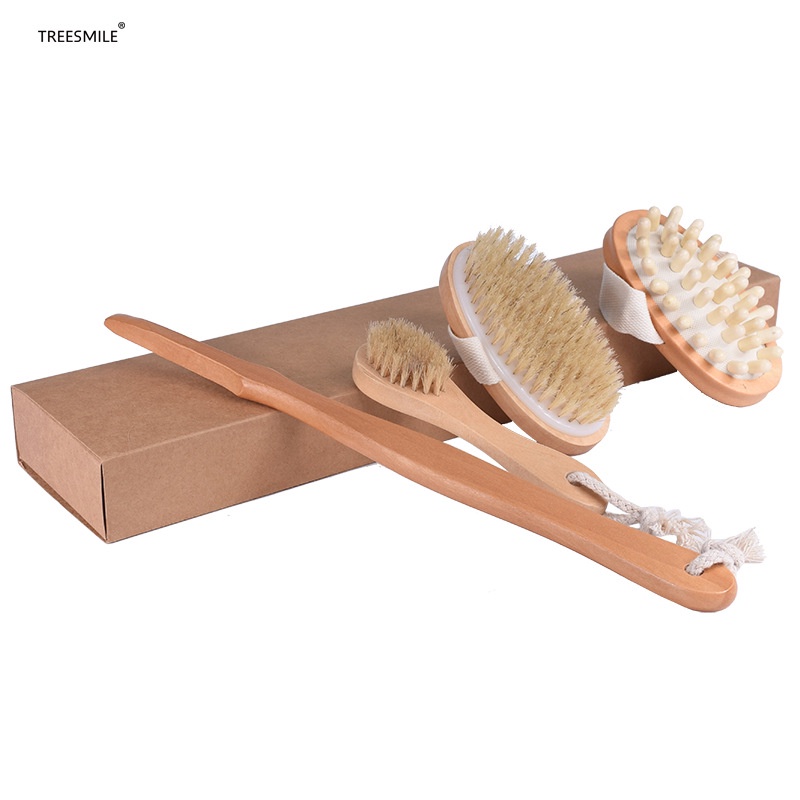 Bộ 6 Bàn Chải Tắm ONGTRE Cán Gỗ Tự Nhiên, Bàn Chải Chà Lưng, Massage Body, Tẩy Tế Bào Chết, Quà Tặng