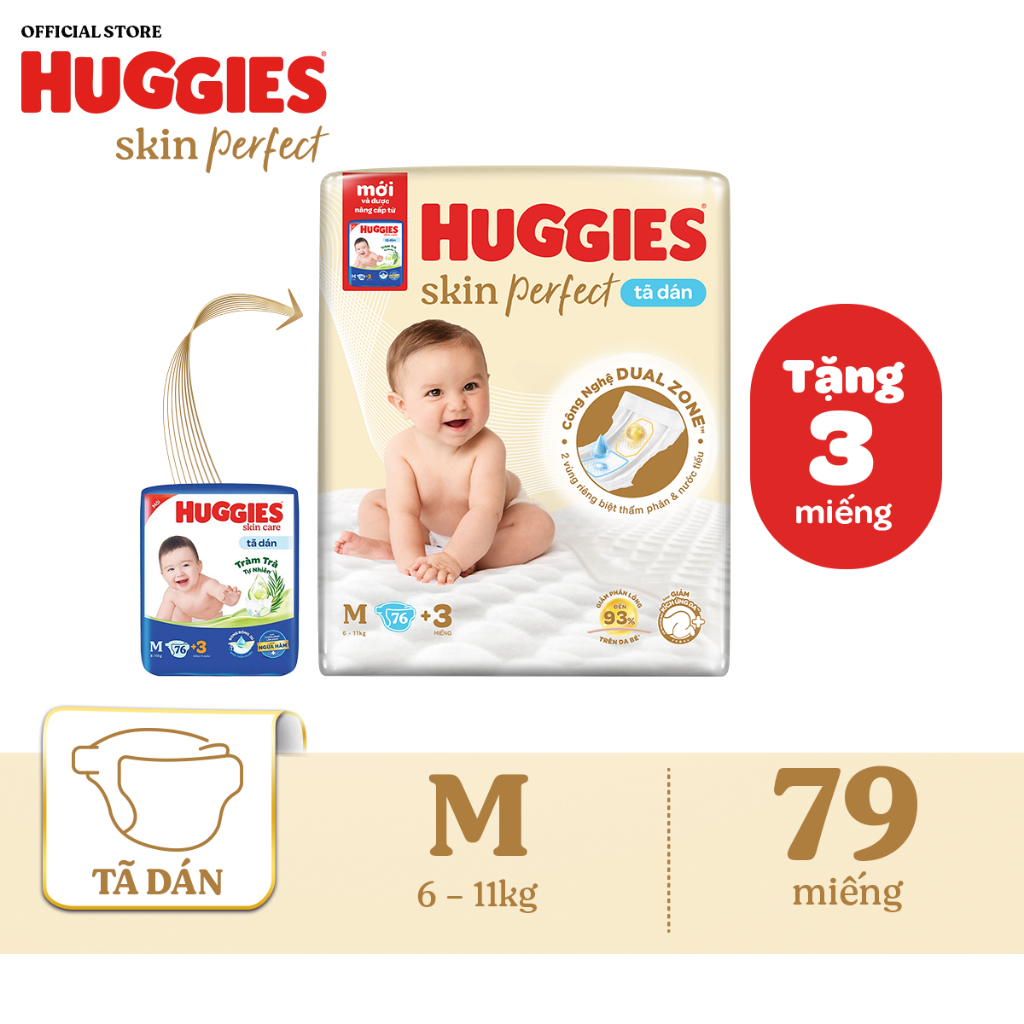 Ảnh Tã/bỉm dán sơ sinh Huggies Skin Perfect M 76+3 miếng với 2 vùng thấm giảm kích ứng da 1