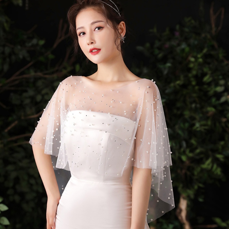 Khăn Choàng Vải Tuyn Xếp Ly Đính Hạt Ngọc Trai Màu Trắng Phong Cách Bolero Vintage Dành Cho Bạn Nữ Mặc Trong Tiệc Cưới
