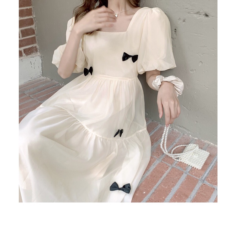 Product image Đầm tiểu thơ xinh xắn HOT TREND Váy trắng đính nơ Váy dáng dài, cổ vuông siêu xinh cho nàng [Kèm ảnh thật 100%] 3