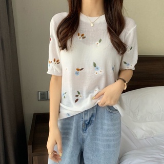 Áo ZHELIHANGFEI dệt kim tay ngắn cổ tròn thêu hoa nhỏ dễ thương thời trang cho nữ