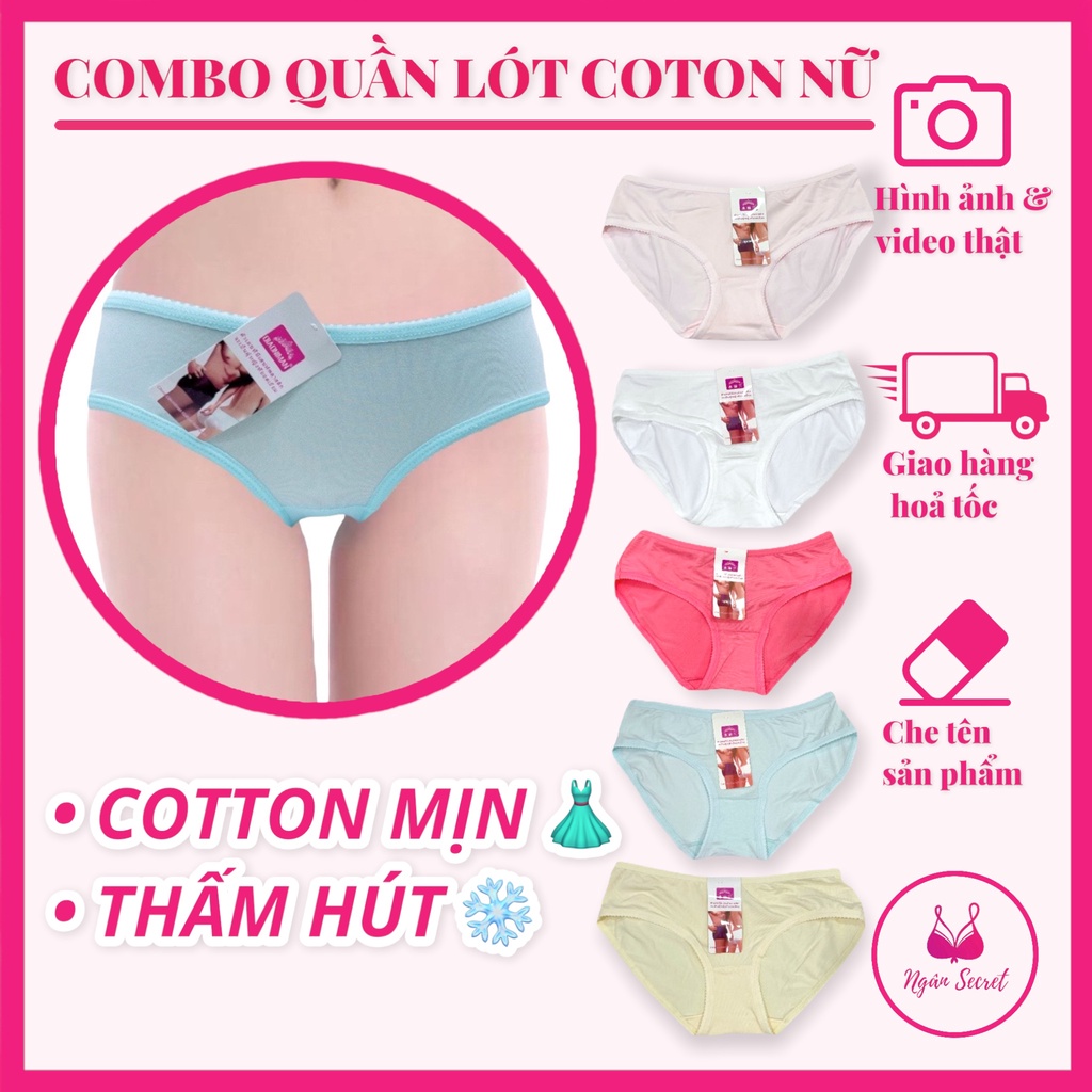 Combo 10 quần lót nữ cotton mịn, viền răng cưa, thấm hút mồ hôi và co giãn, size dưới 63kg
