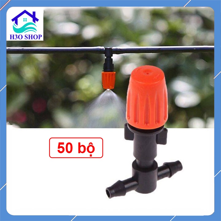 50 bộ béc tưới phun sương làm mát, tưới vườn 1 hướng cam kèm tê nối ống 6mm (tùy chọn van chống rỉ)