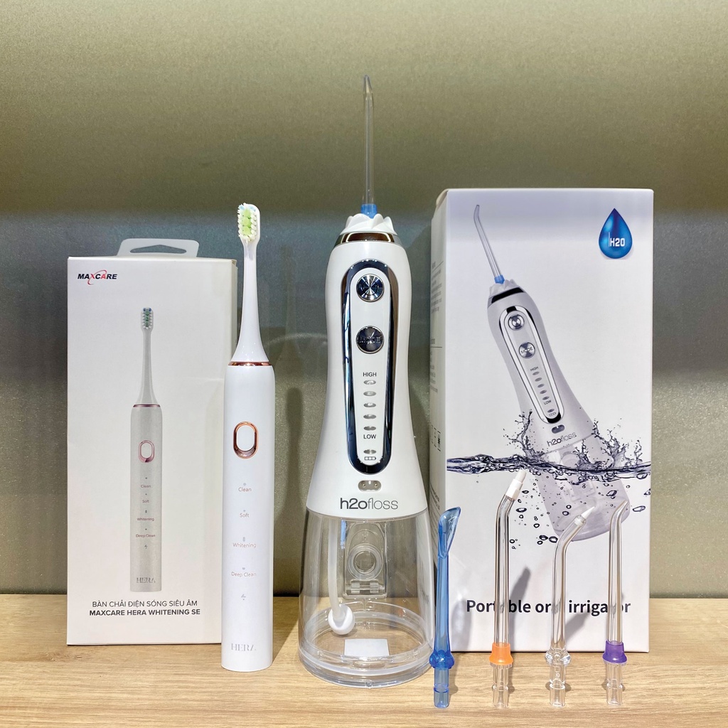 Ảnh Máy tăm nước cầm tay H2ofloss HF9P + Bàn chải điện sóng siêu âm Maxcare Hera Whitening SE 4