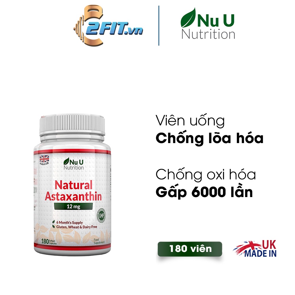 Viên uống Nu U Nutrition Natural Astaxanthin 12mg 180 viên chống oxi hóa, giảm mụn, làm đẹp da