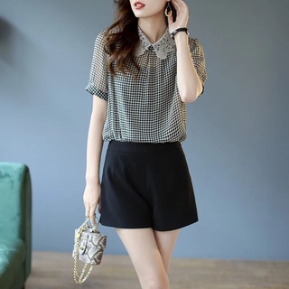 Áo sơ mi voan khâu ren Houndstooth Quần áo nữ mỏng Hàn Quốc Áo nữ phiên bản ngắn tay Áo sơ mi nhỏ tay mùa hè 2022 Áo sơ mi ngắn tay mỏng hơn Áo thời trang nữ