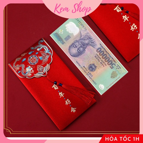 Set 5 bao lì xì đỏ may mắn kèm tua rua giấy nhũ cao cấp, lì xì ăn hỏi - Kem Shop K298