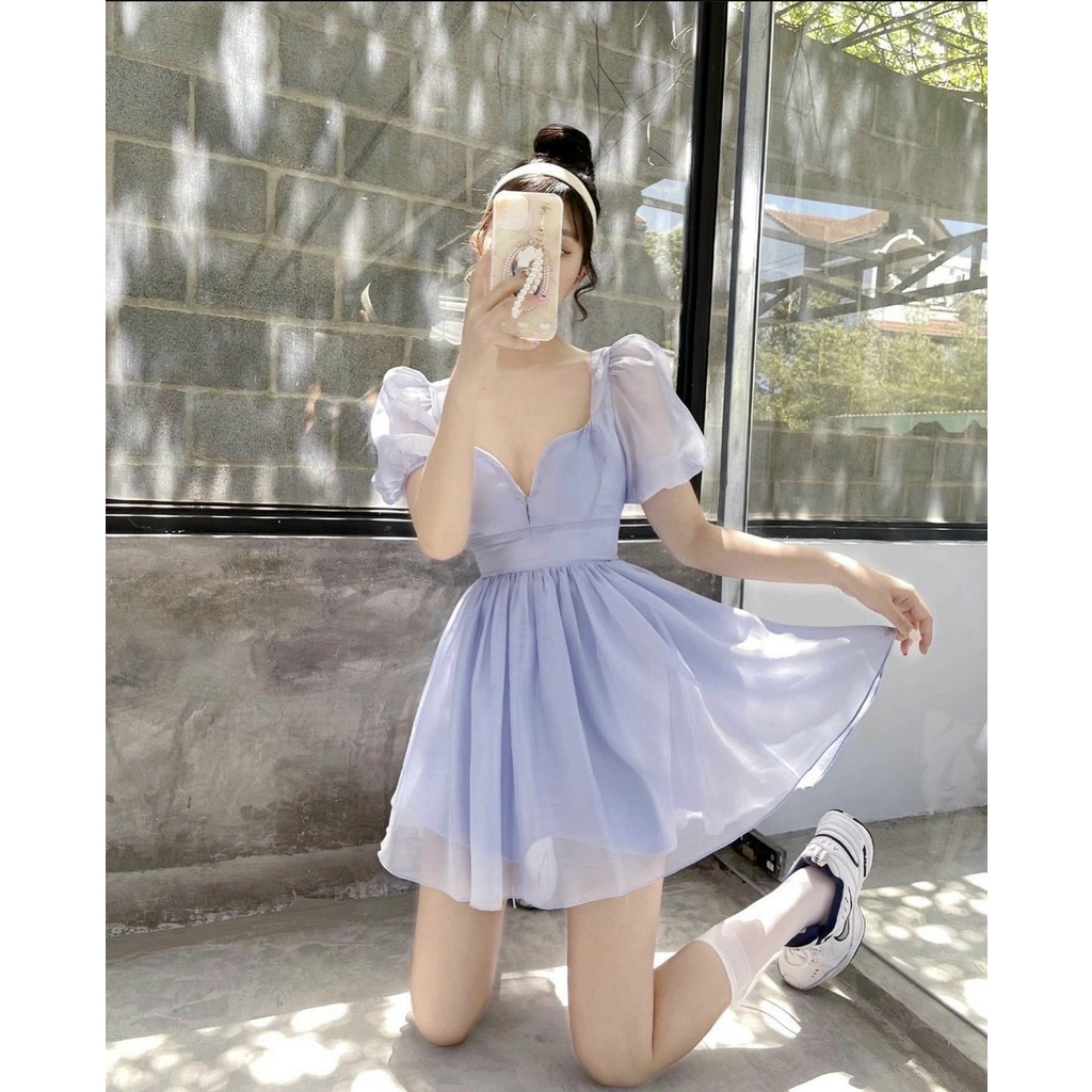 ĐẦM XANH XÒE, CỔ NHỌN, TAY BỒNG, CÓ MÚT NGỰC ⚡HỎA TỐC⚡ VẢI VOAN KIẾNG BỒNG BỀNH NÀNG THƠ - MEOINDAHOUSE