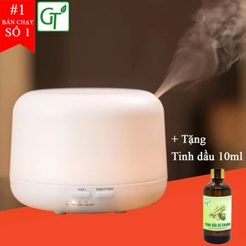 Máy Khuếch Tán Tinh Dầu + Tặng Tinh Dầu Sả Chanh 10ml - Máy Phun Tinh Dầu Siêu Âm Trụ Trắng Phun Sương