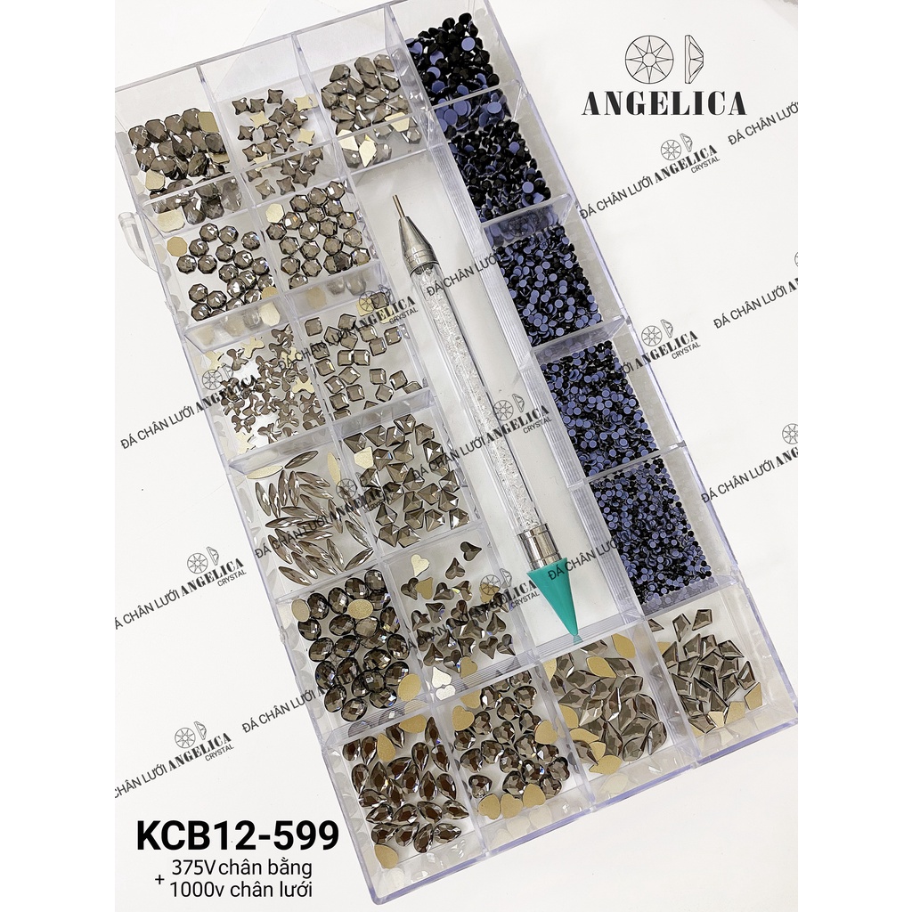 Combo Khay Đá Nail Màu Đen Khói Chân Bằng Và Chân Lưới Kèm Phụ Kiện Móng ANGELICA KCB-599