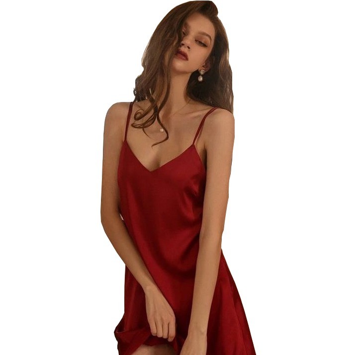 Ảnh Váy Ngủ Nữ Hisexy Lụa Satin Trơn Dáng Xuông Liền Thân MD03 3