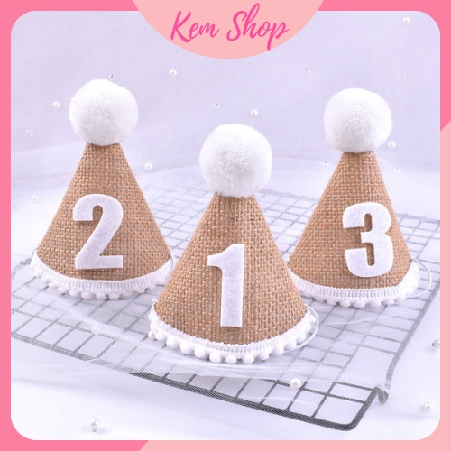 Mũ sinh nhật vải cói nâu 3D Hàn Quốc, mũ cói sinh nhật vintage dễ thương - Kemshop K12