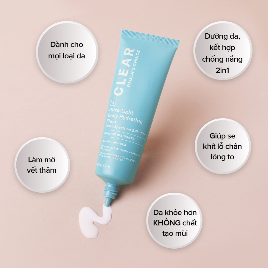 Kem Dưỡng Da Chống Nắng Dành Cho Da Mụn Paula's Choice Clear UltraLight Daily Hydrating Fluid Broad Spectrum SPF30+ 60ml