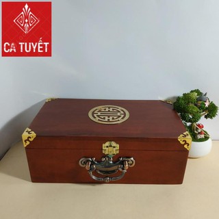 HỘP ĐỰNG TRANG SỨC, HỘP ĐỰNG CON DẤU CÔNG TY GỖ HƯƠNG MẶT GIÁP CHỮ THỌ VÀNG CÓ QUAI XÁCH BẰNG ĐỒNG