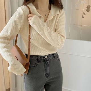 Phong Cách Hàn Quốc Nữ Nữ Thu Đông Mỏng Dệt Kim Dệt Kim Đan POLO Cổ Áo Dài Tay Áo Sơ Mi Áo Baju Baju Wanita Lengan Panjang