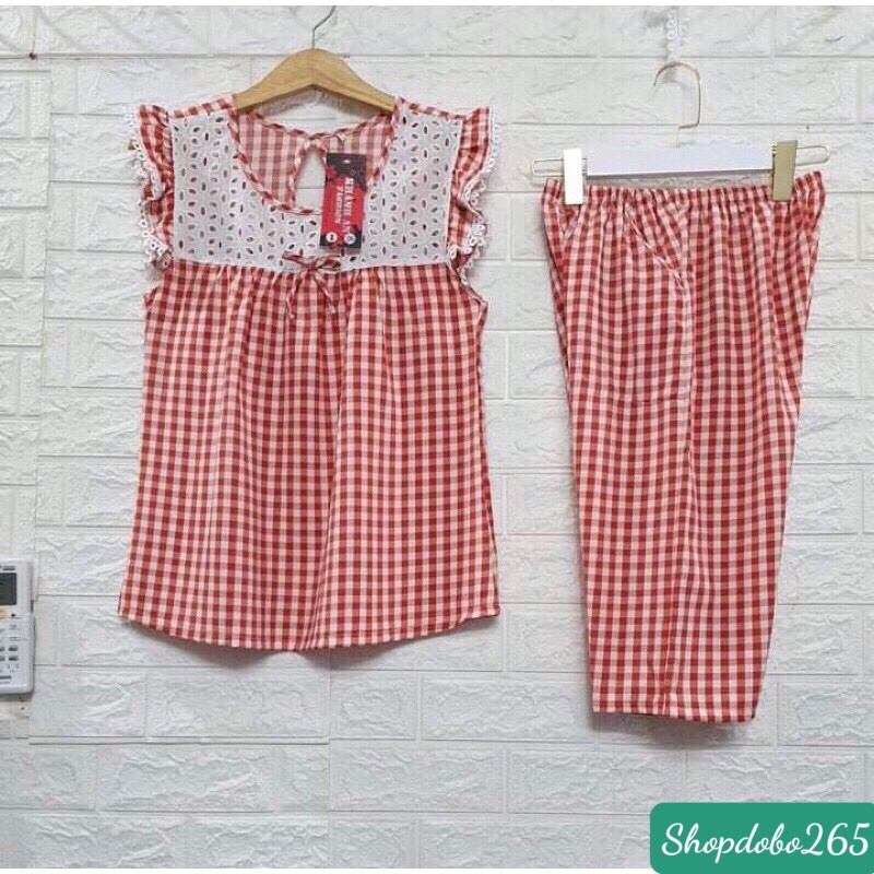 Đồ bộ nữ,đồ ngủ mặc nhà lửng vải lụa họa tiết caro phối ren siêu cưng size 45-65kg