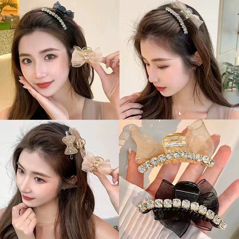 Kẹp tóc nơ nhỏ hai mặt đính đá ngọc trai nhân tạo, kẹp mái đính nơ phong cách thanh lịch, hàn quốc