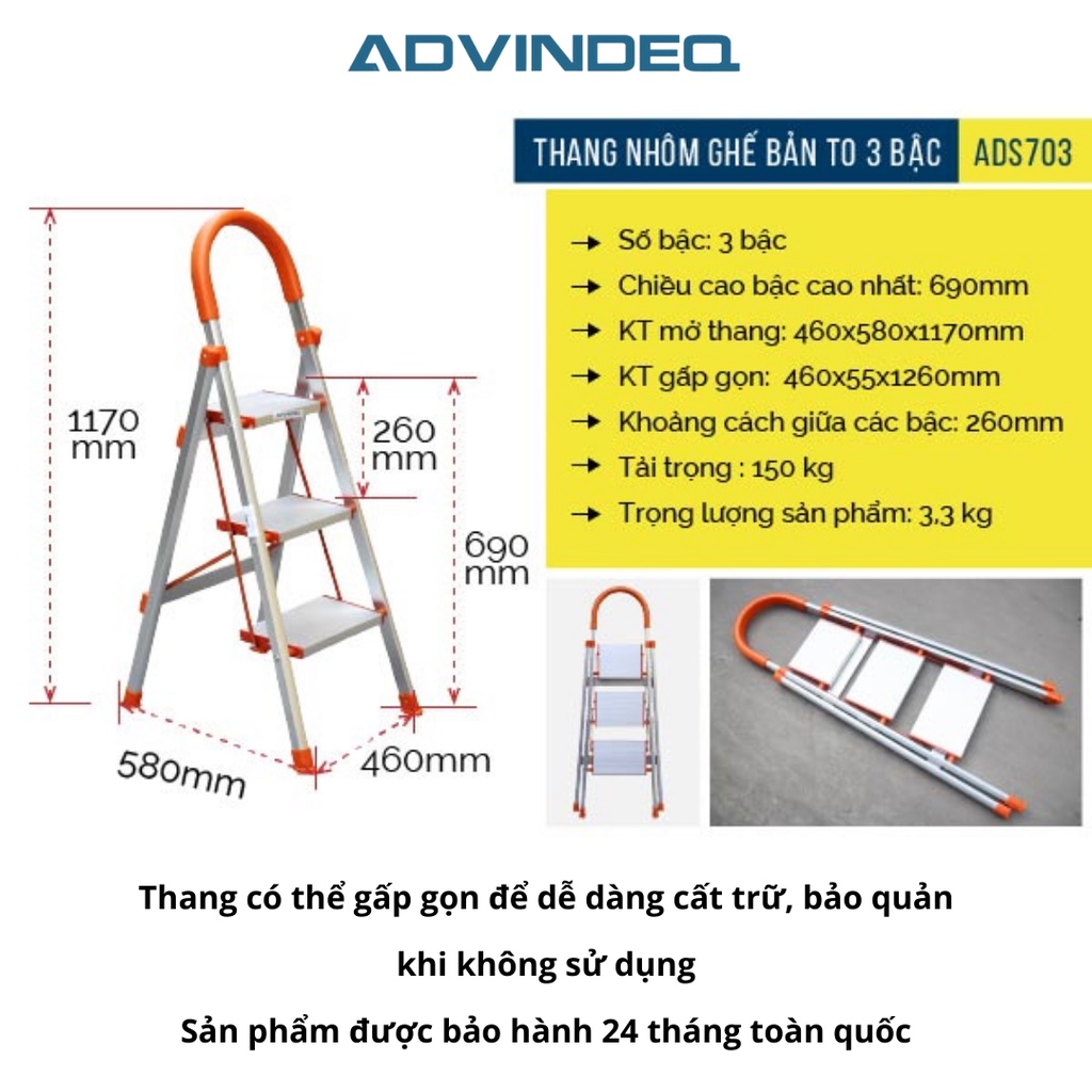 Thang nhôm ghế bản to 3,4,5,6 bậc, chống trơn trượt, Bảo hành chính hãng 24 tháng