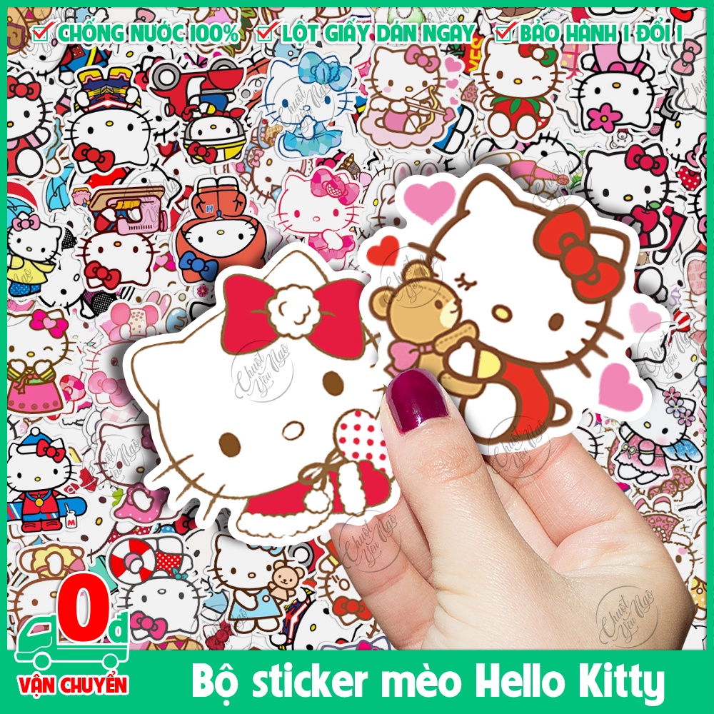 Combo 100 sticker MÈO HELLO decal chống nước trang trí điện thoại ...