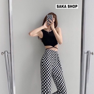 Áo ba lỗ nữ croptop ngắn có dây ôm phối eo màu trắng đen