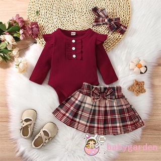 Babygarden-0-18 tháng tuổi Bộ trang phục bé gái, Áo liền quần dài tay có gân + Váy xếp ly kẻ sọc + Bộ băng đô