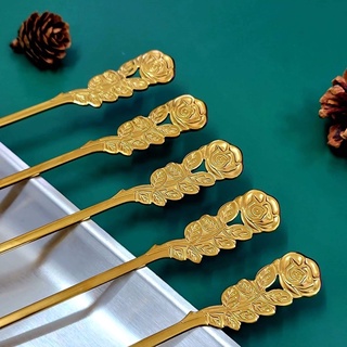 Set 5 Thìa HOA HỒNG INOX 304  Màu Vàng ,Cán Dài,Dập Hình Cành Hoa Hồng Độc Đáo