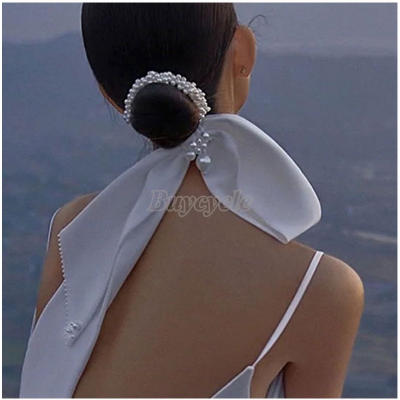 Dây cột tóc cô dâu ruy băng đính hạt ngọctrai phong cách Châu Âu, phụ kiện cài tóc cô dâu mới nhất