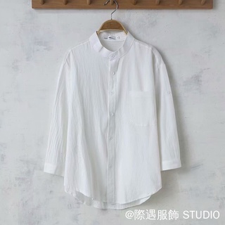 Thời Trang Trơn Phong Cách Cổ Điển Ba Phần Tư Tay Áo Sơ Mi Nam Vải Lanh Cotton Siêu Thoáng Khí Phong Cách Hồng Kông Bông Tai Kẹp Phong Cách Hợp Thời Trang Preppy Áo Sơ Mi Tay Ba Phần Tư Nhật Bản Áo Sơ Mi Cổ Henry
