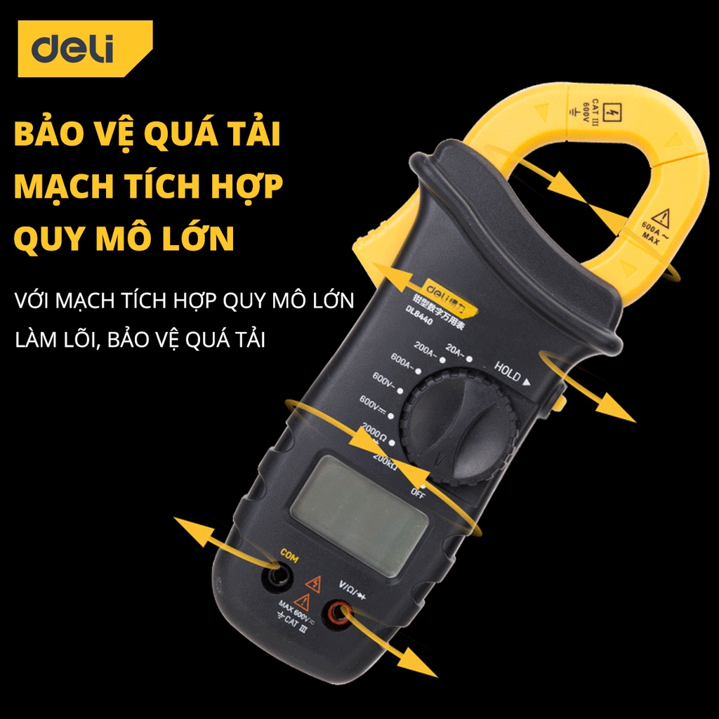 Đồng Hồ Kẹp Đo Dòng Điện Ampe 600V Deli Chuyên Dụng Chính Hãng - Độ Chính Xác Cao, Dễ Dàng Sử Dụng