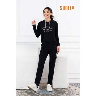 Bộ đồ mặc nhà nữ SUNFLY dáng thể thao cotton có mũ áo dài quần dài SS5583
