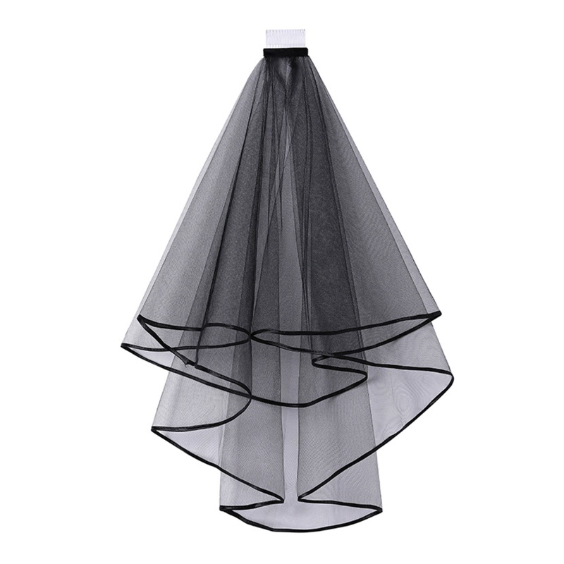 Double Mesh Tulle Ribbon Edge Women Short Wedding Veil with Comb Bride Headpiece