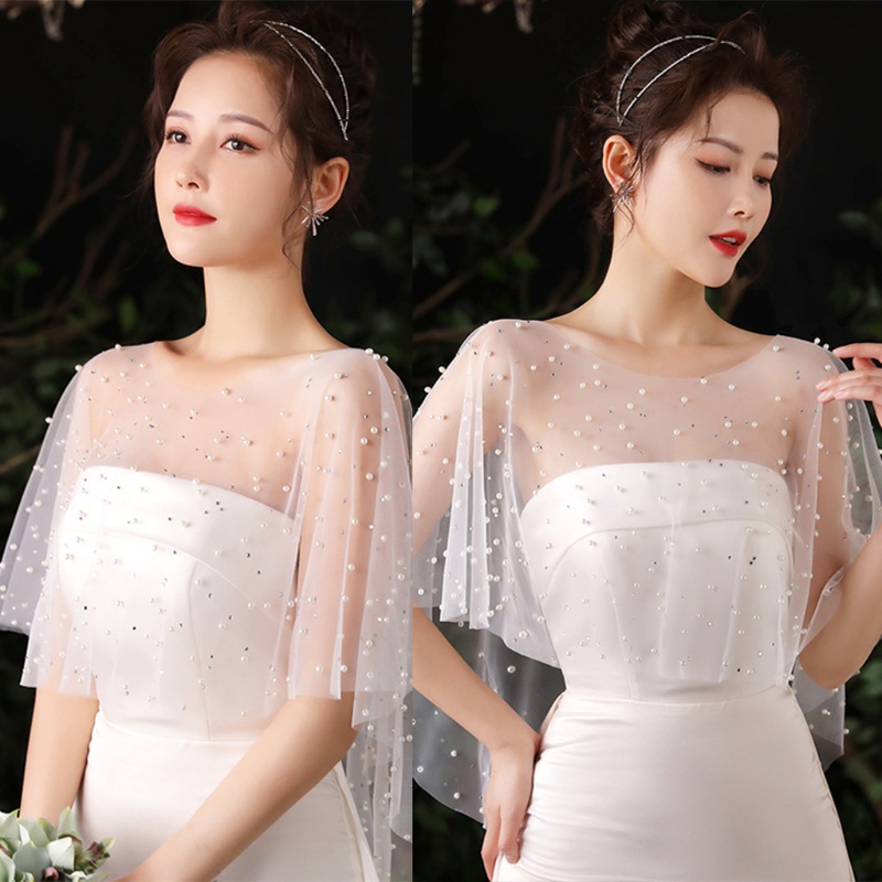 Mya Nữ Sheer Tulle Xếp Ly Khăn Choàng Ngọc Trai Đính Hạt Trắng Capelet Vintage Thấp Shrug Quấn Mũi Cho