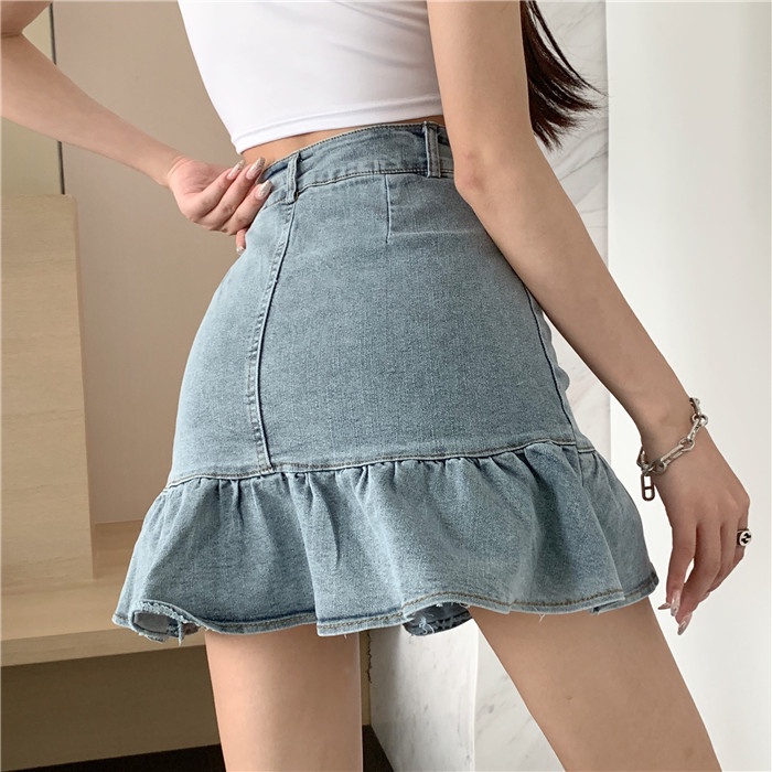 SUXI Chân váy jean chữ a thiết kế mới phong cách retro cho nữ