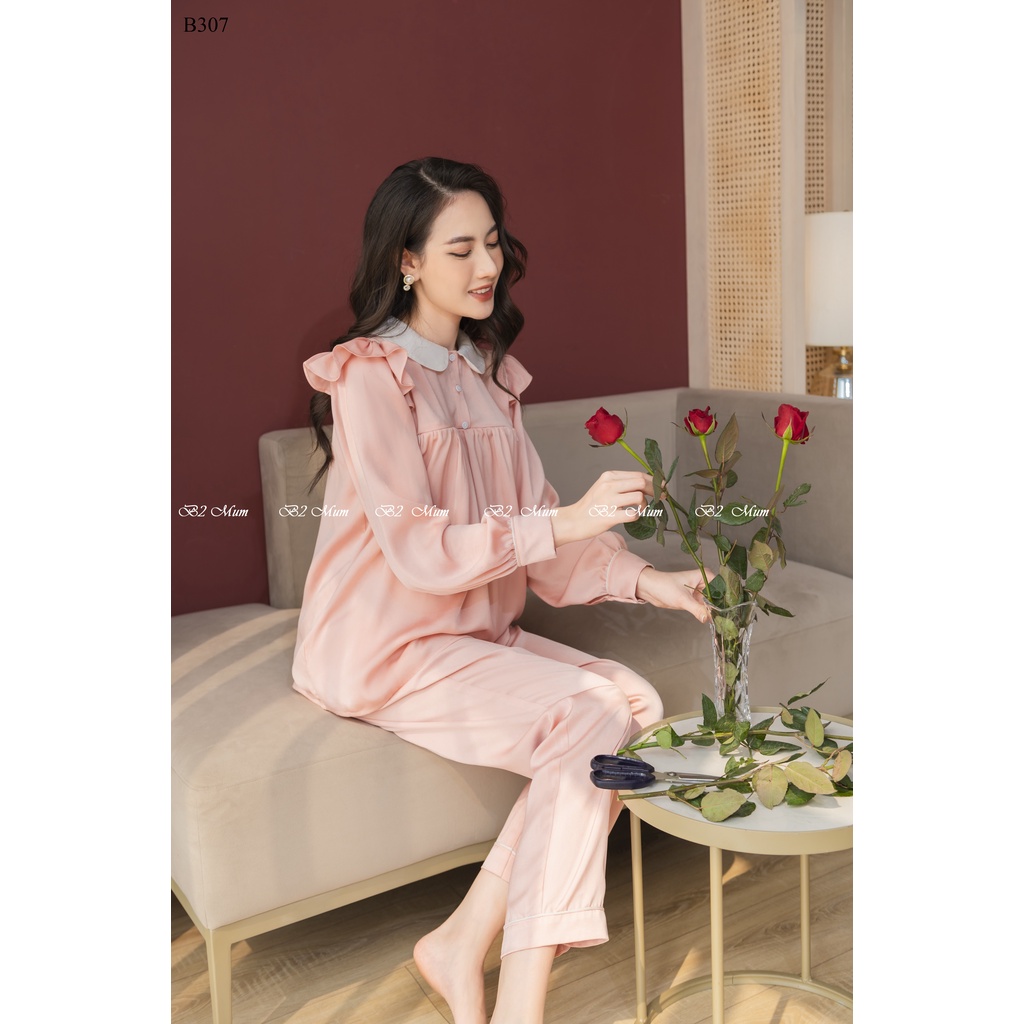 Bộ bầu và sau sinh chất lụa cao cấp quần có chun chỉnh áo có khóa bé ti vai bèo B307/B425 B2 MUM