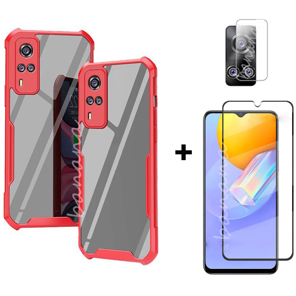 3in1 VIVO V21e V21 5G Y31 2021 Y12S Y20 Acrylic Túi Khí Trong Suốt Đệm Vỏ Điện Thoại + Phim Kính Cường Lực + Ống Kính Máy Ảnh Protecotr