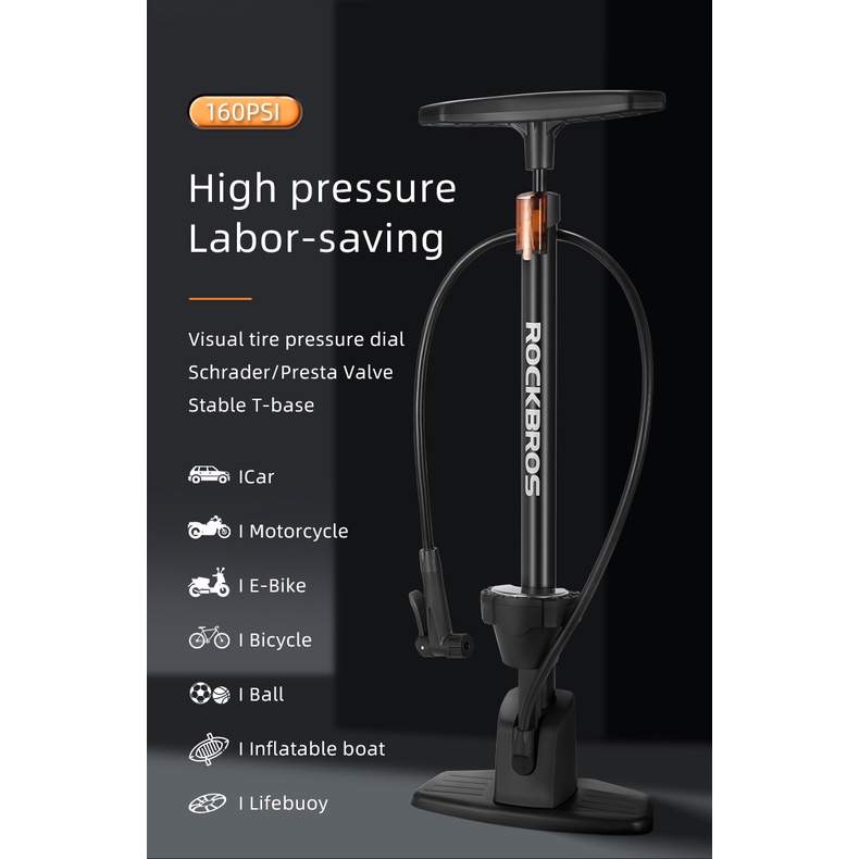 Rockbros Bơm Xe Đạp 160PSI Áp Lực Cao Schrader Presta Van Barometer Đa Năng Đi Xe Đạp Ô Tô Máy Bơm Hơi Phụ Kiện Xe Đạp