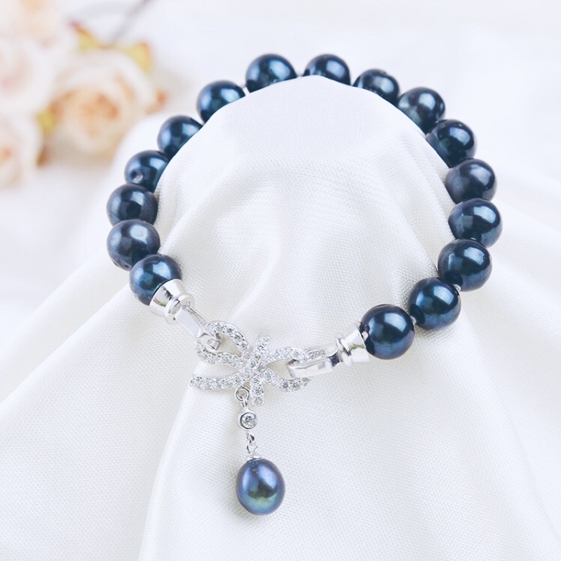 Ảnh Vòng Tay Ngọc Trai Hạt 7-8ly Màu Đen Ánh Xanh Khóa Nơ - Ngọc Trai Trường Thịnh 1