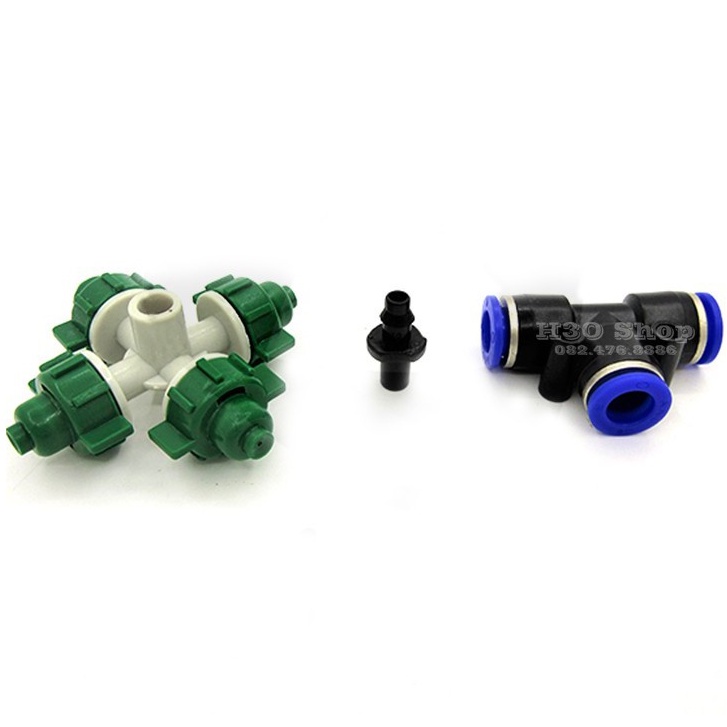 Béc phun sương 4 hướng màu xanh gắn kèm T nối nhanh ống 8mm- Bộ 10 cái
