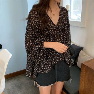 Phong cách hàn quốc phụ nữ phụ nữ voan hoa áo sơ mi baju wanita lengan panjang
