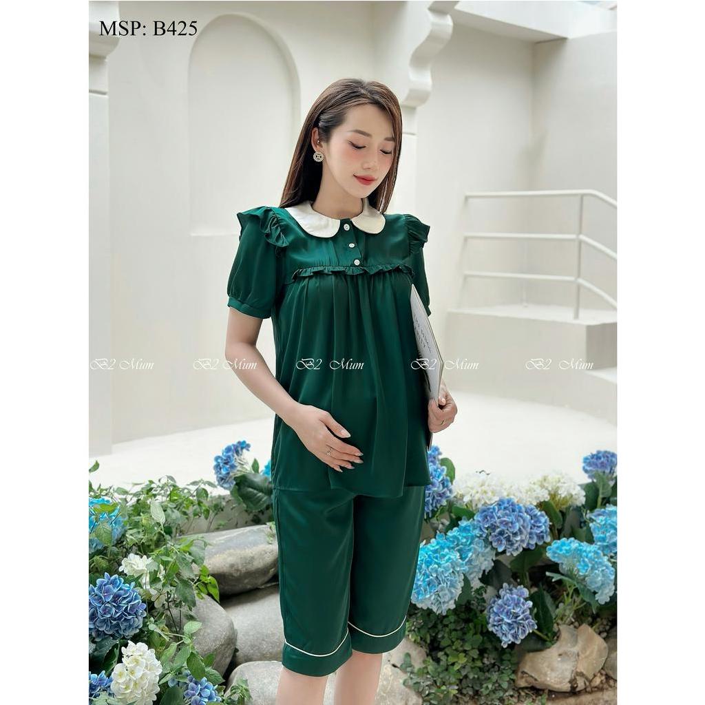 Bộ bầu thiết kế cổ sen, chất lụa thoải mái, mix cổ trắng, có khóa ti tiện lợi cho mẹ bầu và sau sinh - B425 B2MUM