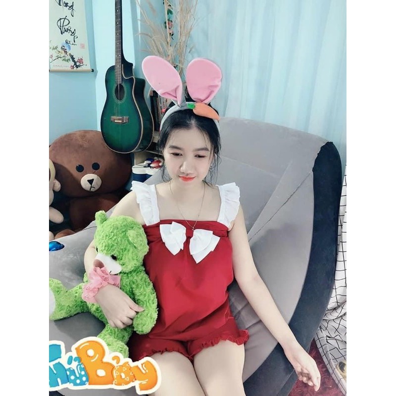 Bộ ngủ mặc nhà kate lụa phối nơ dễ thương