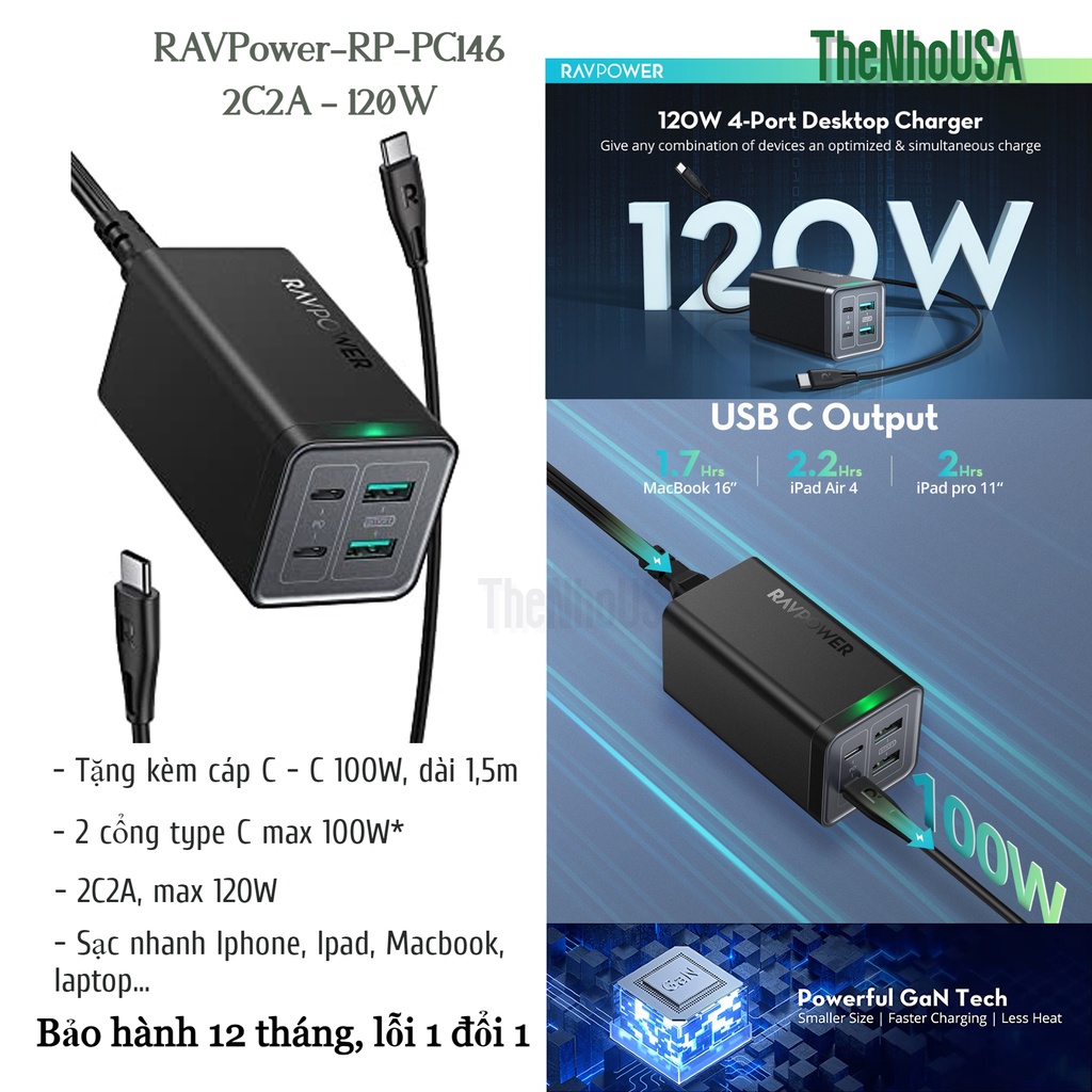 Sạc 4 cổng RAVPower 120W 2C2A GaN Tech RP PC146 | Shopee Việt Nam