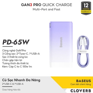 Bộ cốc sạc 3 cổng và cáp TypeC to TypeC Baseus GaN3 Pro 65W hỗ trợ PD3.0/ PPS/ QC4.0/ SCP/ FCP