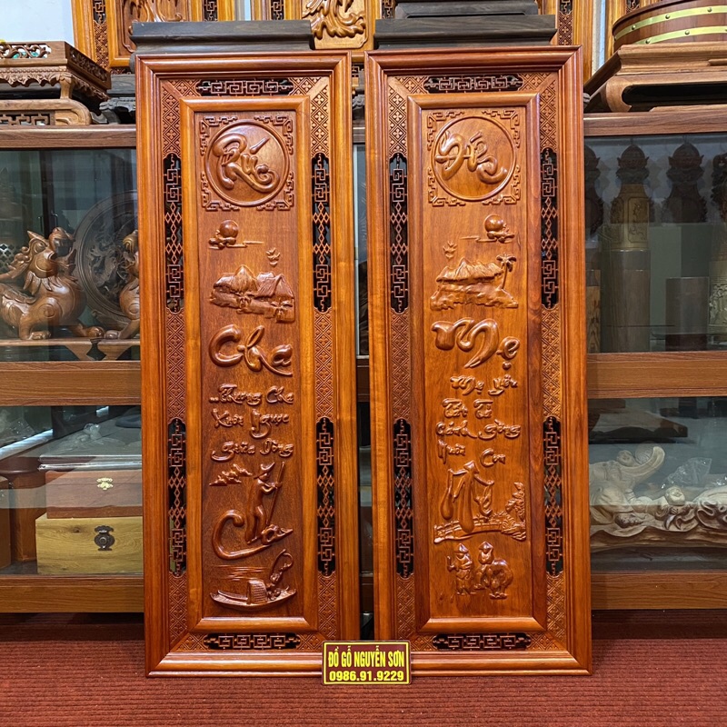 Bộ Tranh Chữ Câu Đối Cha Mẹ 37*107 gỗ hương treo tường